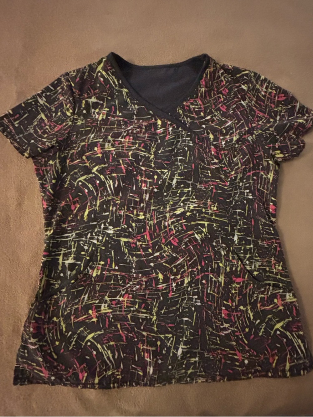 Cherokee Infinity Short Sleeve V-Neck Top with Neon Pink and Lime Print